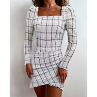 Plaid Print Raw Hem Ruched Dress - black&white