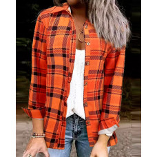 Plaid Print Roll Tab Sleeve Button Down Shirt - orange