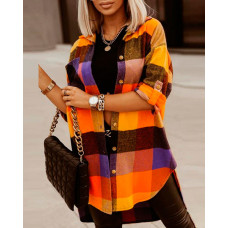 Plaid Print Roll Tab Sleeve Buttoned Shacket - orange