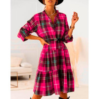 Plaid Print Roll Up Sleeve Shirt Dress - hot pink