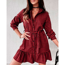 Plaid Print Ruffle Hem Button Front Belted Shirt Dress - red