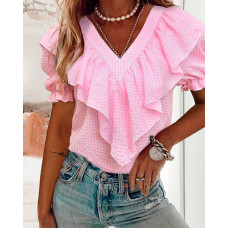 Plaid Print Ruffle Hem Puff Sleeve Top - pink