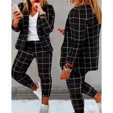 Plaid Print Shawl Collar Blzaer Coat & Pants Set - black