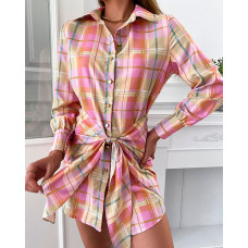 Plaid Print Tied Detail Buttoned Shirt Dress - Multicolor