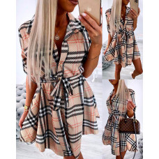 Plaid Print Tied Detail Half Sleeve Buttoned Shirt Dress - khaki