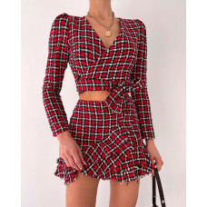 Plaid Print Tied Detail Tweed Top - red