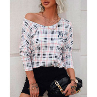 Plaid Print V-Neck Long Sleeve Top - style1