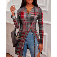 Plaid Print Zip Front High Split Top - red