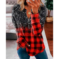 Plaid Print Zip Front Long Sleeve Casual Top - red