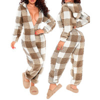 Plaid Print Zipper Front Hooded Fluffy Adult Onesie - khaki