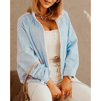 Plaid Print Zipper Pocket Design Drawstring Coat - blue