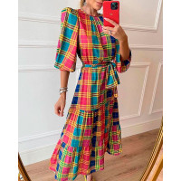 Plaid Ruffle Hem Belted Maxi Dress - Multicolor