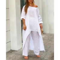 Plain Asymmetrical Top & Casual Pants Set - white