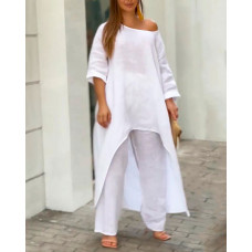 Plain Asymmetrical Top & Casual Pants Set - white