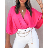 Plain Batwing Sleeve V-Neck Top - hot pink