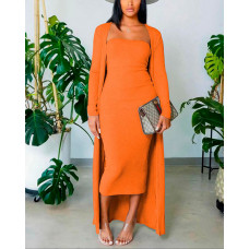 Plain Bodycon Tube Dress With Longline Coat - orange