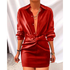 Plain Button Design Twisted Shirt Dress - Wine red