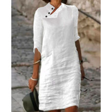 Plain Button Detail Casual Dress - white