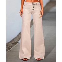 Plain Button Fly Buckle Taped Wide Leg Pants - khaki