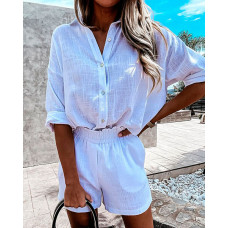 Plain Button Front Long Sleeve Top & Shorts Sets - white