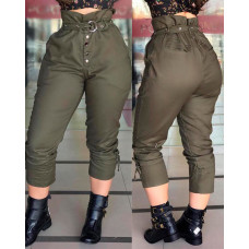 Plain Buttoned Belted High Waist Pants - green