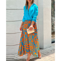 Plain Buttoned Shirt & Abstract Print Maxi Skirt Set - turquoise blue