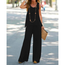 Plain Casual Tank Top & Wide Leg Pants Set - black