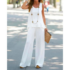 Plain Casual Tank Top & Wide Leg Pants Set - white