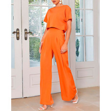 Plain Casual Top & High Waist Pants Set - orange