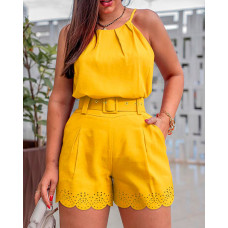 Plain Casual Top & Hollow Out Scallop Trim Shorts Set With Belt - yellow