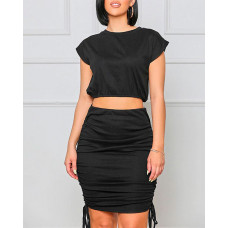 Plain Crop Top & Drawstring Ruched Skirt Set - black