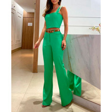 Plain Crop Top & High Waist Pants Set - green