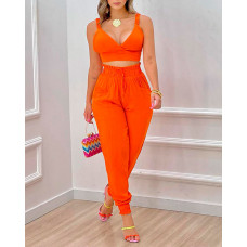 Plain Crop Top & High Waist Pants Set - orange