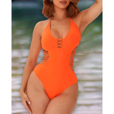 Plain Cutout Halter V Neck Swimwear - orange