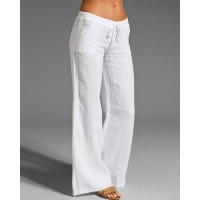 Plain Drawstring Casual Flared Pants - white