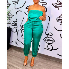 Plain Drawstring Waist Tube Jumpsuit - green