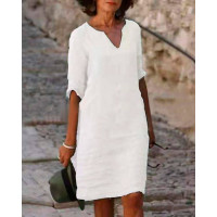 Plain Half Sleeve Casual Dress - white