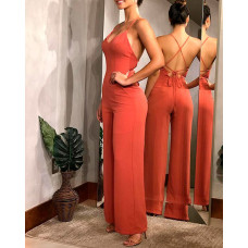 Plain Halter Backless Wide Leg Jumpsuit - red