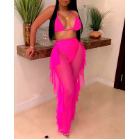 Plain Halter Crop Top & Ruffles Hem Sheer Mesh Pants Set - hot pink