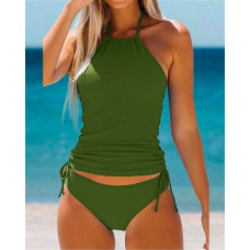 Plain Halter Drawstring Tankini Set - Army green