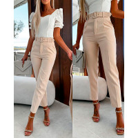 Plain High Waist Work Pants With Belt - Apricot