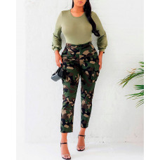 Plain Lantern Sleeve Top & Camouflage Print Pants Set - green