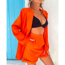 Plain Long Sleeve Blazer Coat & Shorts Set - orange