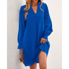 Plain Long Sleeve Casual Dress - blue