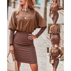 Plain Long Sleeve Casual Dress - coffee