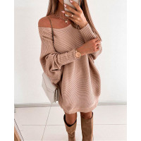 Plain Long Sleeve Casual Dress - khaki