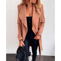 Plain Long Sleeve Casual Longline Coat - khaki