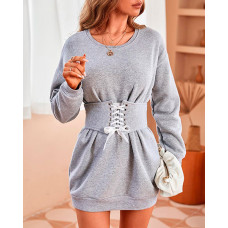 Plain Long Sleeve Eyelet Lace-up Sweatshirt Dress - gray