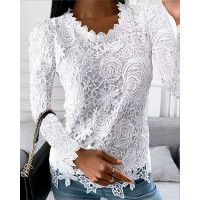 Plain Long Sleeve Lace Top - white