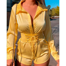 Plain Long Sleeve Lace-Up Romper - yellow